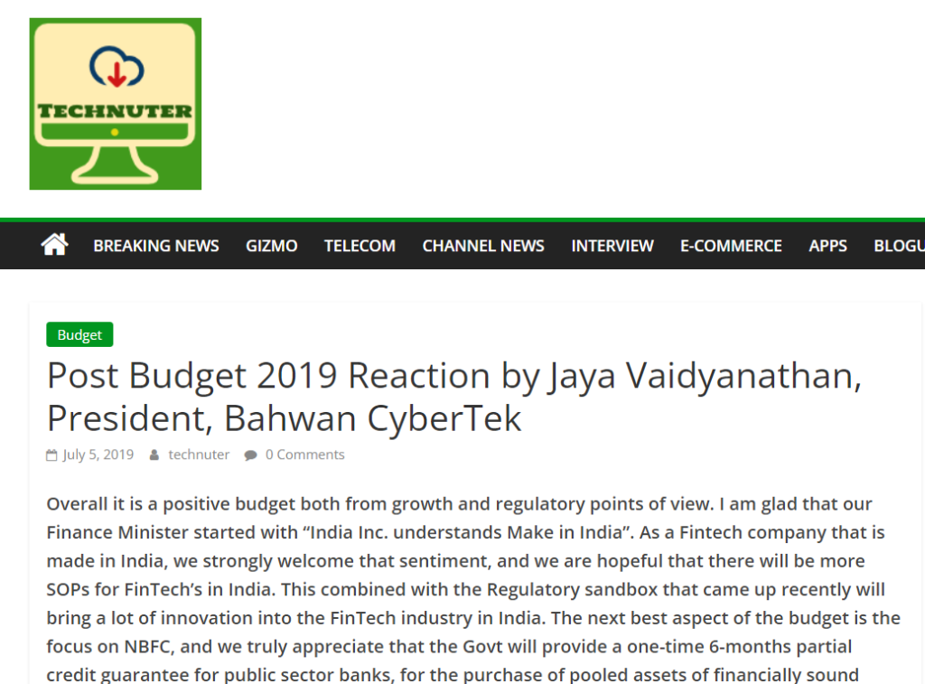 Post Budget 2019 Reaction by Jaya Vaidyanathan, President, Bahwan CyberTek
