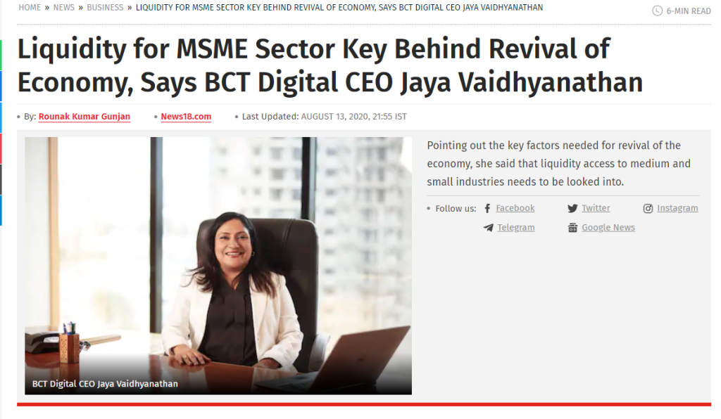 Liquidity for MSME Sector Key Behind Revival of Economy, Says BCT Digital CEO Jaya Vaidhyanathan